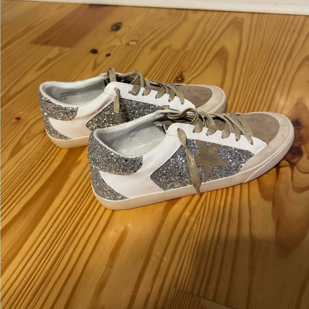 Women's Silver Glitter Star Low-Top Sneakers. WORN ONCE